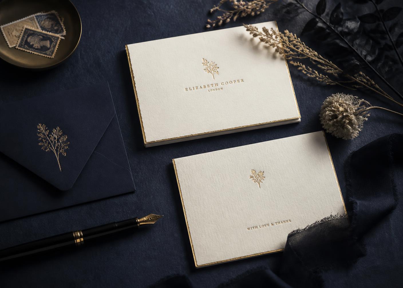 Cream letterpress stationery with gold foil edges arranged on a midnight surface